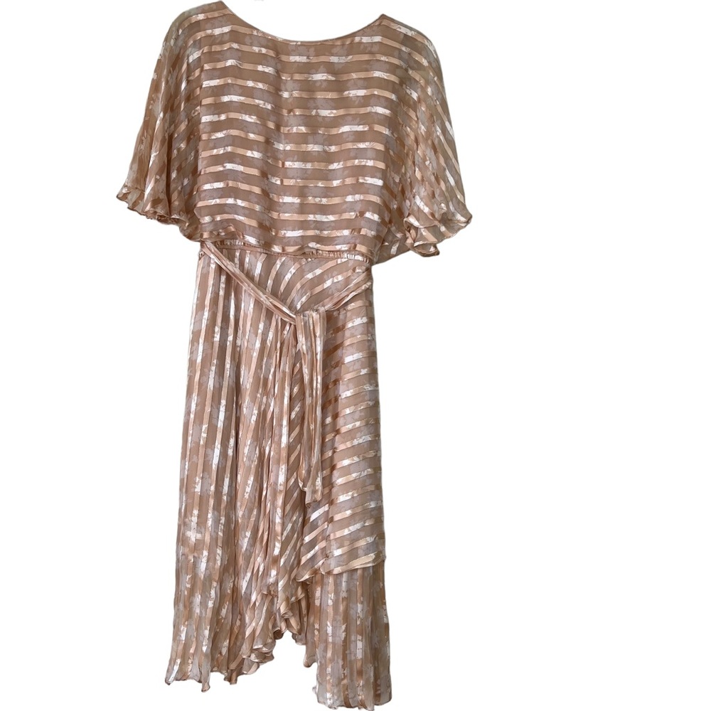 1980's The Silk Farm beige silk chiffon stripped dress, Size 6